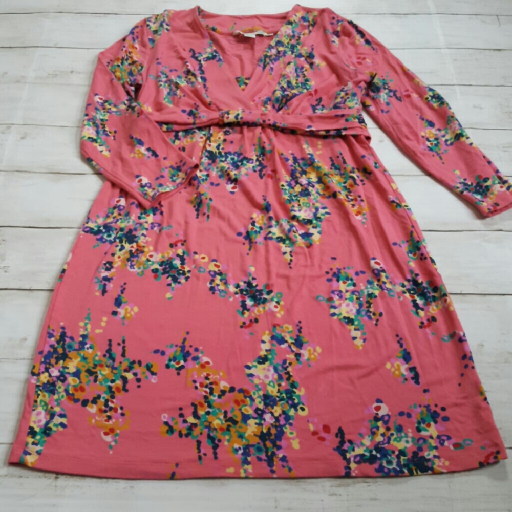 Boden coral‎ pink dotted floral 3/4 sleeve dress vneck viscose elastane petite 4